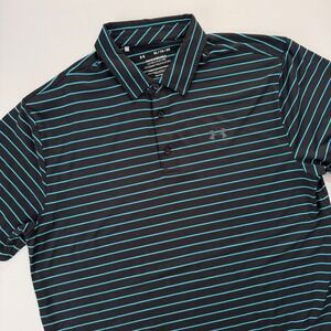 Under Armour Mens XL Black Turquoise Stripe Heatgear Golf Polo Shirt Loose Fit